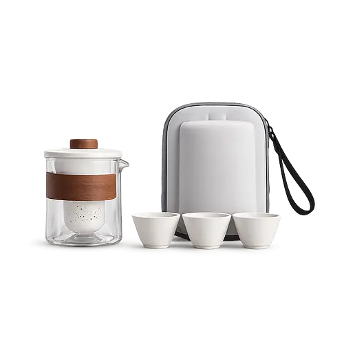 Tragbares Tee-Set — Glas-Gaiwan + 3 Porzellantassen (weißes Reißverschluss-Case)
