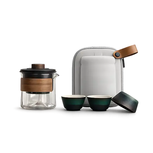 Tragbares Tee-Set — Glaskanne + 3 Celadon-Tassen (graues Case mit Lederriemen)