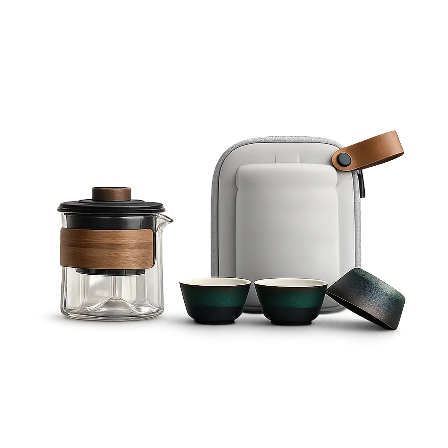 Tragbares Tee-Set — Glaskanne + 3 Celadon-Tassen (graues Case mit Lederriemen)