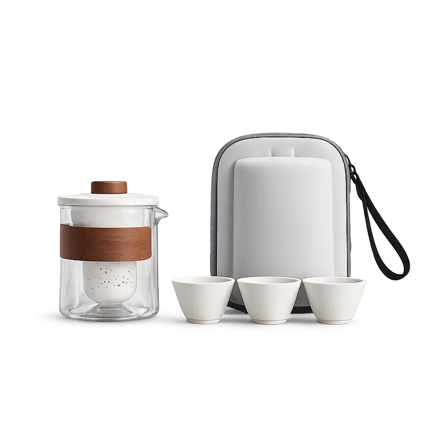 Portable Travel Tea Set — Glass Gaiwan + 3 Porcelain Cups (White Zip Case)