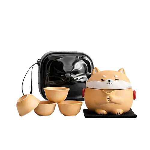 Дорожный чайный набор Shiba Inu — керамический чайник + 3 чашки (чехол на молнии)