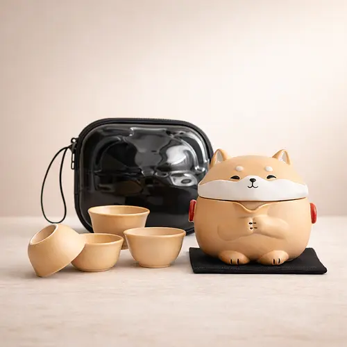 Подорожній чайний сет Shiba Inu — керамічний чайник + 3 чашки (пенал на блискавці) — Подорожні чайні сети