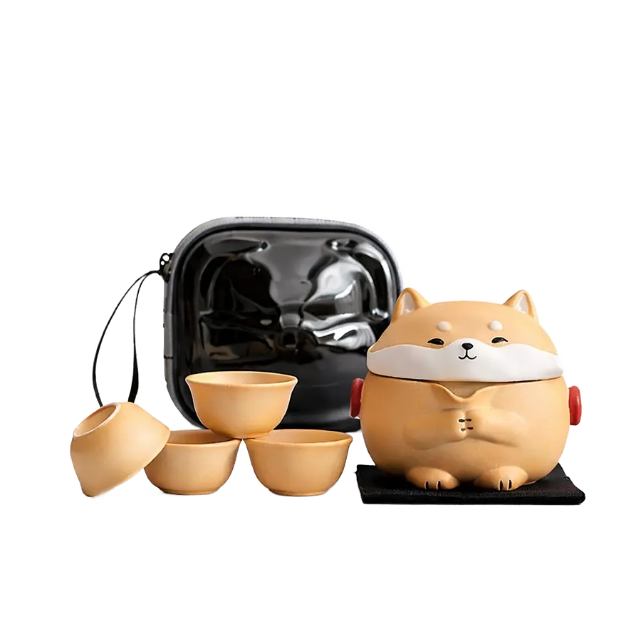 Подорожній чайний сет Shiba Inu — керамічний чайник + 3 чашки (пенал на блискавці)