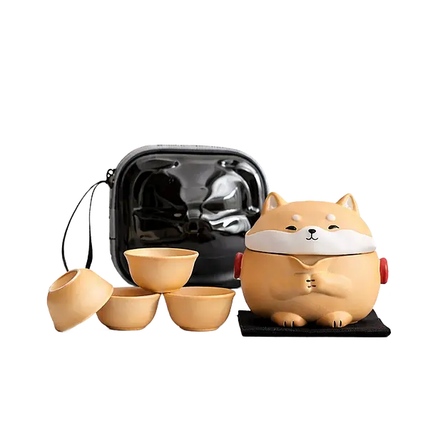 Подорожній чайний сет Shiba Inu — керамічний чайник + 3 чашки (пенал на блискавці) — Подорожні чайні сети — detail view